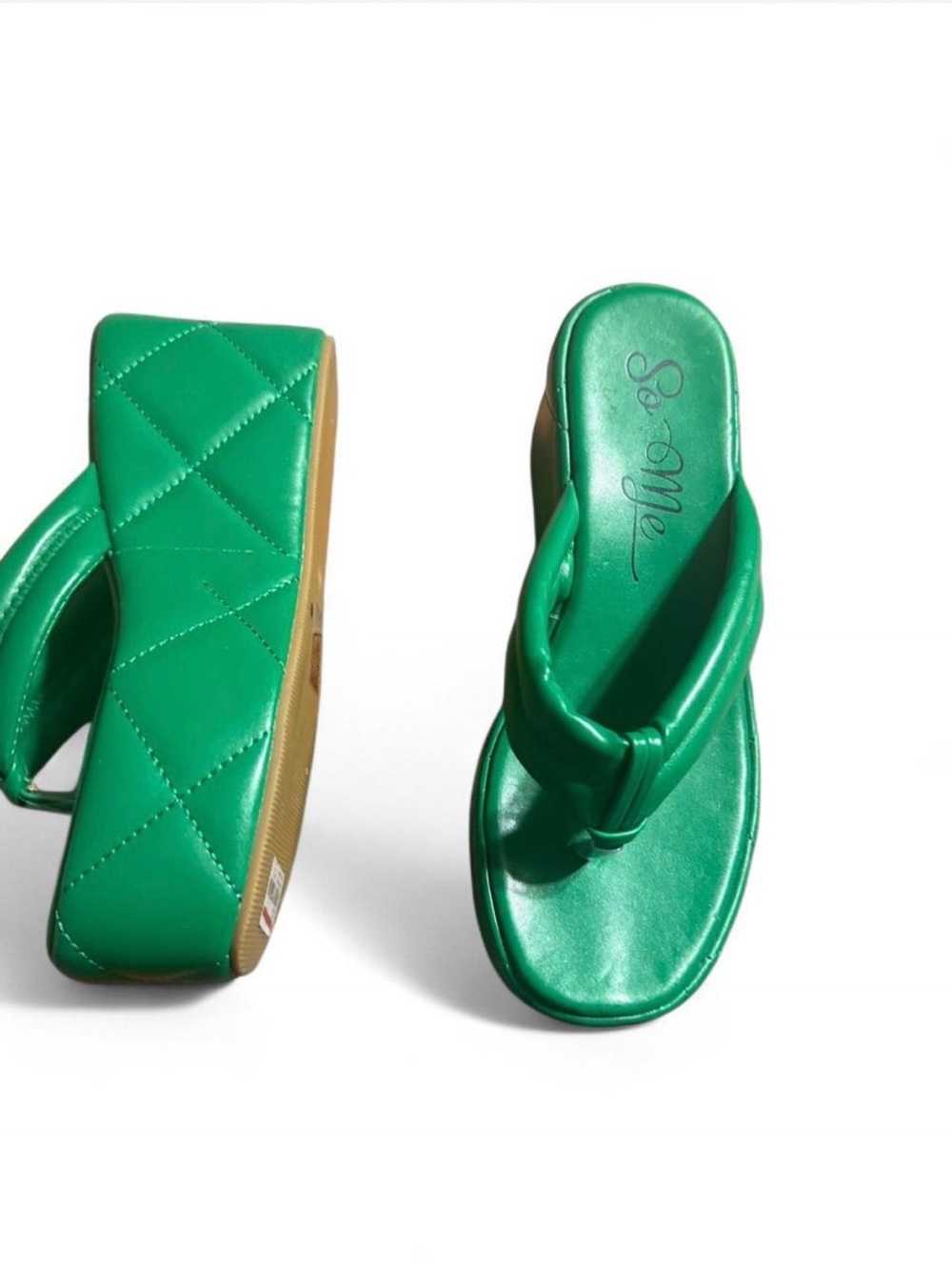So Me Emerald Green Quilted Platform Wedge Thong Sandals
